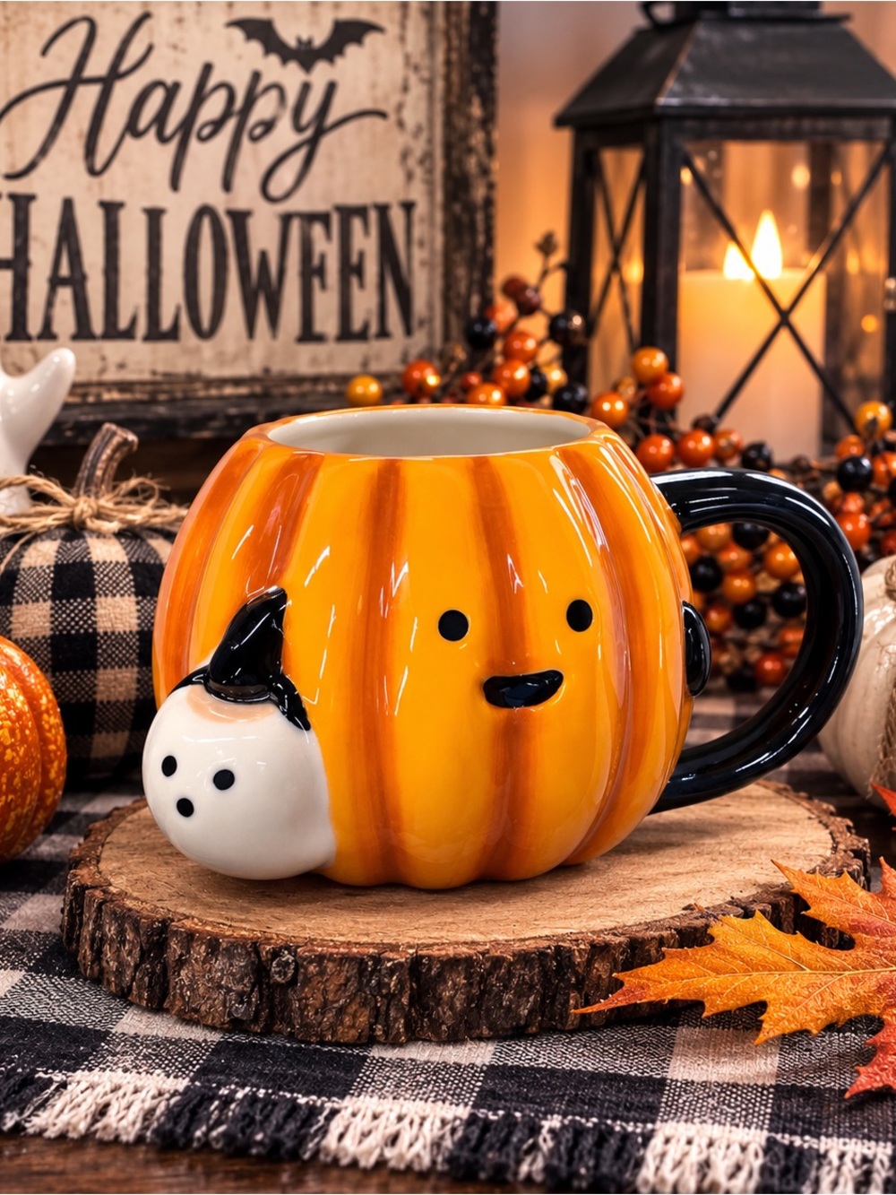 Hyde & EEK Pumpkin Ghost Halloween Mug Orange Stoneware Target